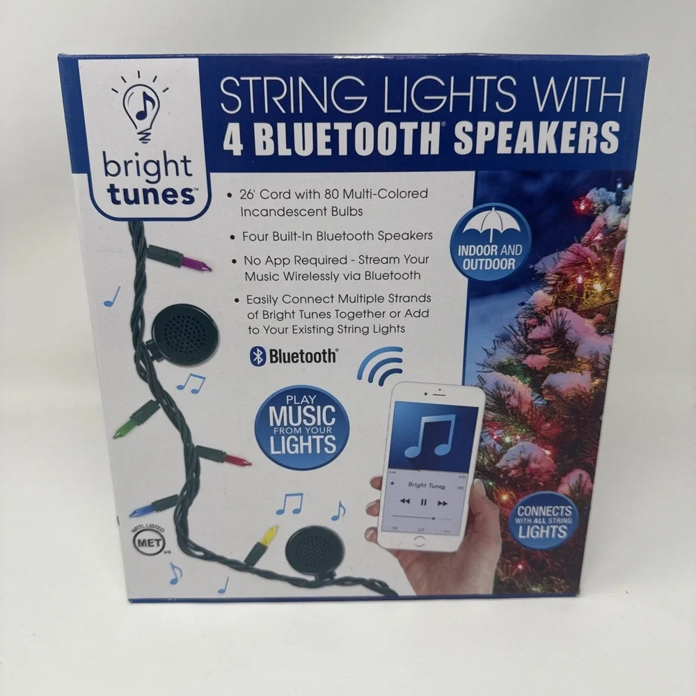 Bright Tunes String Lights with 4 Bluetooth Speakers 26 Foot Cord 80 Lights NEW
